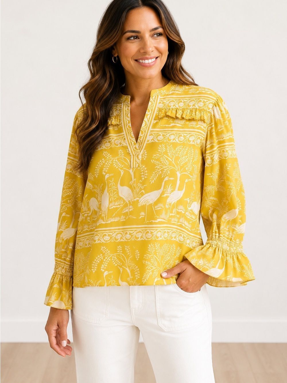 Beyond by Vera Yellow Bird Print Ruffle Blouse | NWOT | Boho Cottagecore
